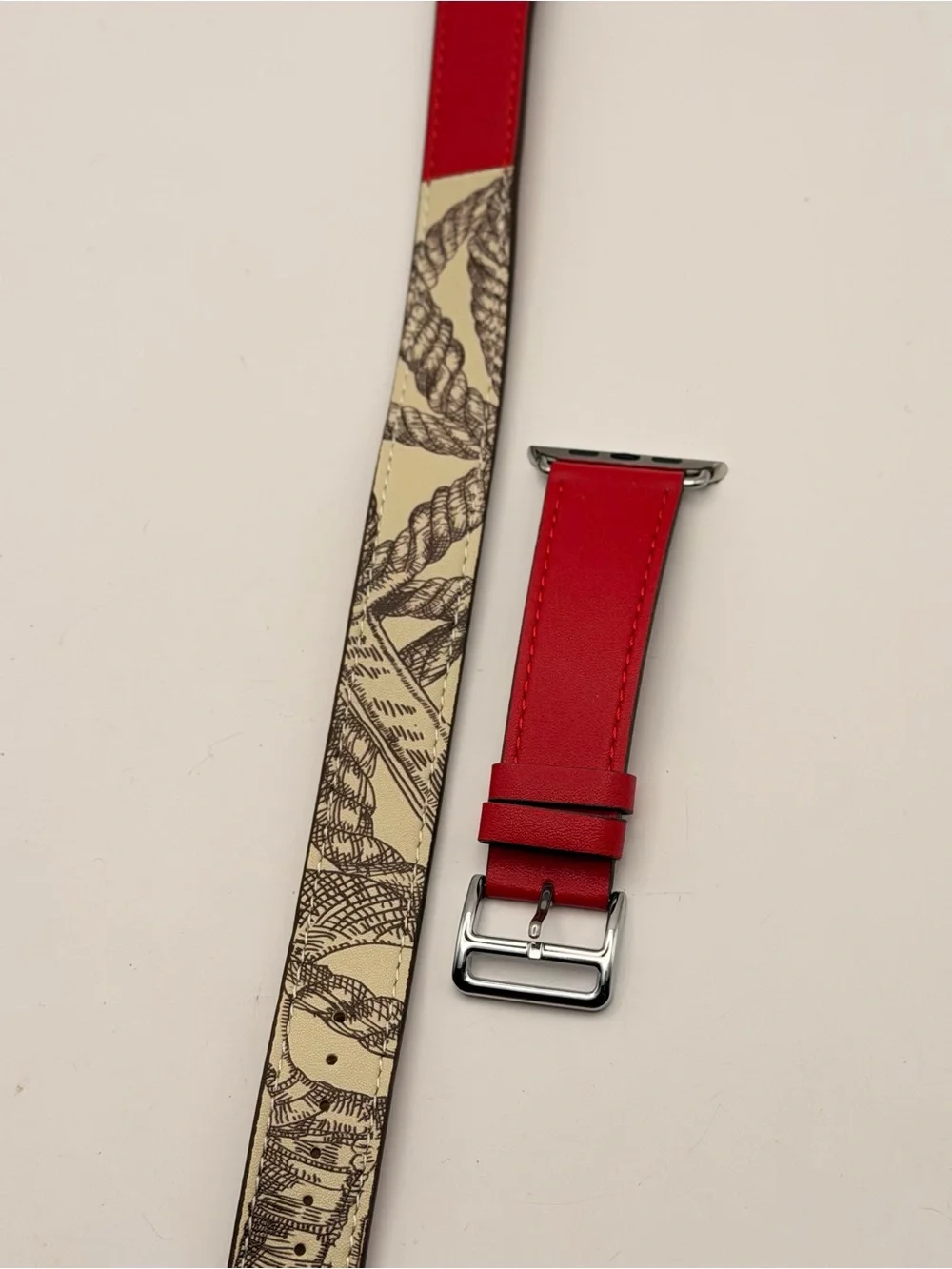 Apple Watch Long Leather Band, Red With Pattern,42/44/46mm